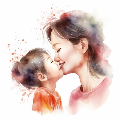 imagine watercolor, asian mother, happy, kissing child on forehead, clipart hd, profile shot, dreamy, on white background, portrait, spaced out