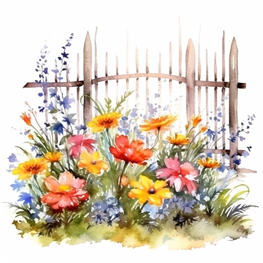 clipart, isolated on white background, Watercolor Spring beautiful ornated fence fulls of the colorful flowers and grass and plants and branches and tree, ornated, vivid and vibrant and saturated colors