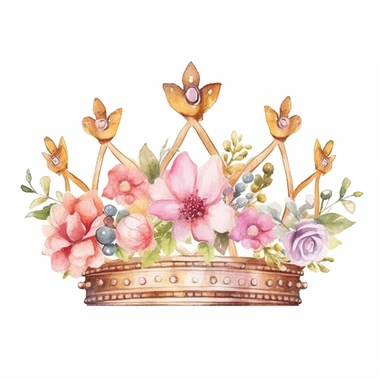 Princess crown print, Princess Crown with Flowers, Pink and gold Crown, white background, Watercolor Sticker clipart, Children book illustration