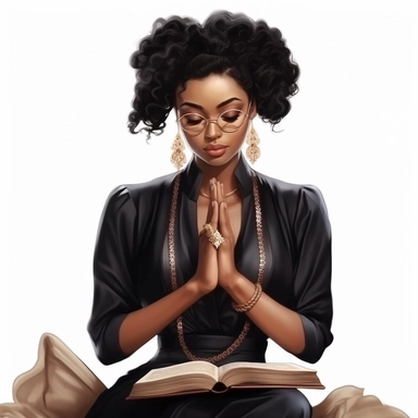 A beautiful black woman fashionista with praying on her knees with the bible next to her, in the style of Jennie Jenkins, feminine, chic, elegant, posing, with a macro lens, clip art seed,