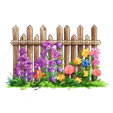 colorful wooden fence with flower vine clipart, high detail, illustration style, high solution, on the white background