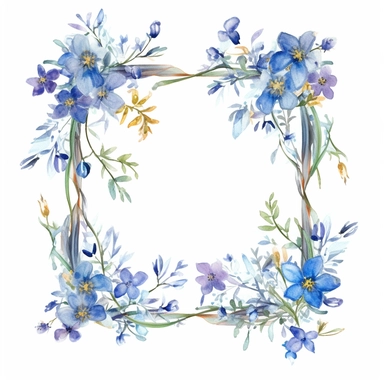 complex watercolor illustration of beautiful frame made of bohemian blue floral wildflowers, shaped in a rectangle form, isolated ,concept,art,8k,hd,watercolor,detailed,white backround,clipart