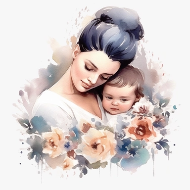 beautiful mommy cuddle her cute baby with pale flowers, dreamy styles, pale and flower background, cartoon character, watercolor styles, Sublimation Clipart,hyper realistic, intricate detail, illustration style,high solution,on the white background
