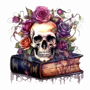 A patterm of gothic style books with watercolor effect, suitable for digital clipart, white background, gothic scene, gothic colors, gothic tools, gothic roses, skull, dark scene