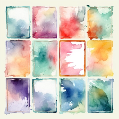 Nine abstract watercolor background vector clipart, in different light pastel colors, rectangle frame, hazy romanticism, free brushwork