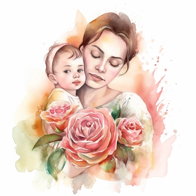 complex watercolor illustration of mother with holding child covered with pastel roses,motherly love, isolated ,disney style,concept,art,8k,hd,watercolor,detailed,white backround,clipart