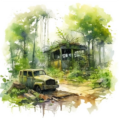 watercolor clipart army abandoned in a post apocalypse overgrown nature