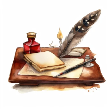 watercolor, hyper realistic, white background, white margins, 16k, ultra detailed clipart, cut out image, hand-drawn, whimsical a vintage letter and envelope with a wax seal and a feather pen lying on a wooden writing desk with a blotting pad, with a color scheme of warm brown and deep red.