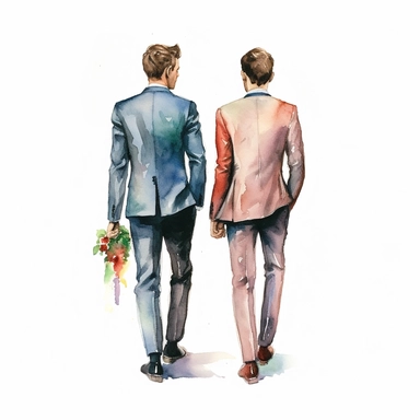 watercolour gay wedding couple from behind, clipart on white background, highly detailed, professional color gradation, clean sharpness