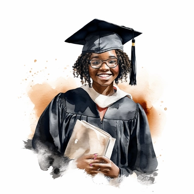 watercolor fat black female student graduation clipart on a white background