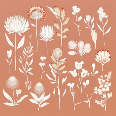 clip art collection, thin hand-drawn white lines and pale peachy terracotta background, 100 australian native flowers, waratah, protea, wattle, eucalyptus, outlines, continuous lines, blind contour, terracotta background, hand-drawn, sketch, monochrome, simple line art, crisp lines, vector, minimalist