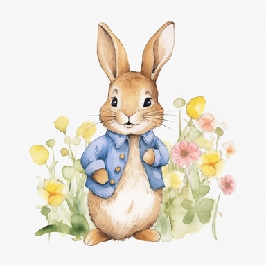 Watercolor svg clipart of a cute cartoon adorable Peter rabbit kawaii animal sitting in yellow flowers, illustration by Beatrix potter , pastel yellow jacket with yellow flowers, png isolated on white background