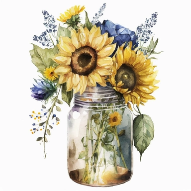 watercolour sunflower clipart floral bouquet in a jar, white background, no text
