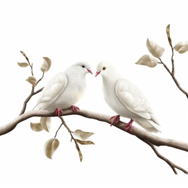 two love doves birds sitting on a branch, clipart, white background