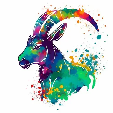 capricorn goat zodiac in the style of colorful splatter graffiti, sticker, clipart, vector, contour, colorful messy paint, white background