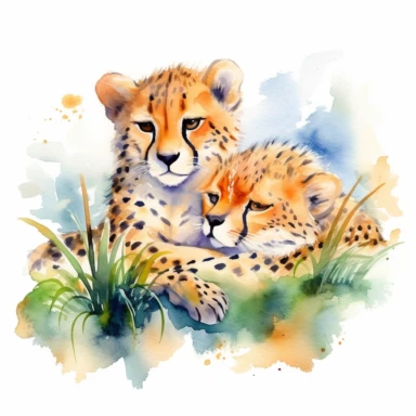 pair of cute cheetahs, lounging lazily in the shade, vibrant watercolor, clipart, on a white background