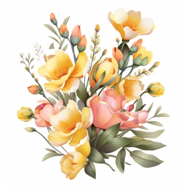 Pastel color pink. Yellow. Freesia flowers are decorated with eucalyptus leaves. Flowers and leaves of various shapes were intertwined. Clip art