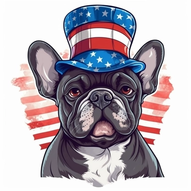 sticker, background american flag, french bulldog, full body, in style Independence Day in usa, hat with an american flag, clipart