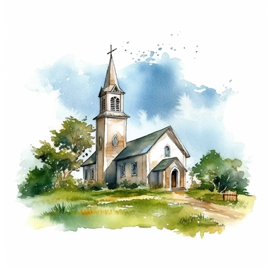 watercolor style, countryside church clipart, realistic, isolated on white background, 4K