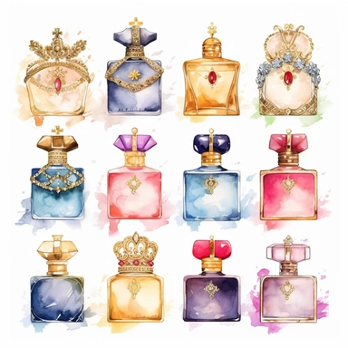 Eleven Watercolor Princes Perfumes Clipart by Nita Engle on solid white background