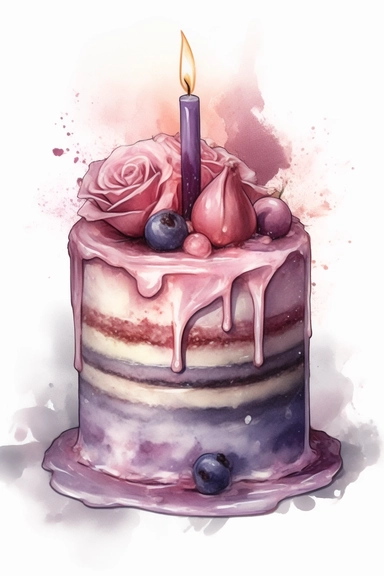 amazing detailed watercolor clipart of a beautifully detailed lilac and baby pink colored birthday cake, no caption, solid white background, cinematic light lighting, hyper-detailed, 8k, high resolution, symmetrical, full shot photograph, insanely detailed and intricate, beautiful, elegant, glamour, watercolor, cinematic