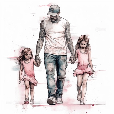 DESIGN A MAGNIFICENT AND EXQUISITE BREATHTAKING ONE-OF-A-KIND HIGH QUALITY HIGHLY DETAILED MASTERPIECE WATERCOLOR CLIPART ILLUSTRATION OF a dad and his two girls holding hands, in the style of tattoo, white and pink, digital painting and drawing, ferrania p30, charming sketches, tiffany bozic, hip-hop style, WHITE BACKGROUND, NO FONT, NO TEXT, NO WORDS, NO WATERMARK