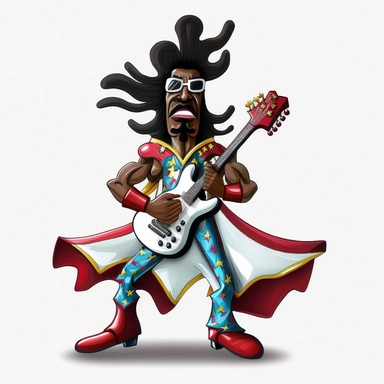 Bootsy Collins superhero cartoon character ,white cut out background clipart,Ernie Barnes rendering,2D,,--no shadows