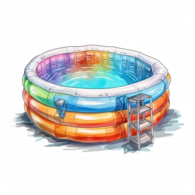 watercolor clipart, drawing of an inflatable multicolor swimming pool, summer, summer memory, white background