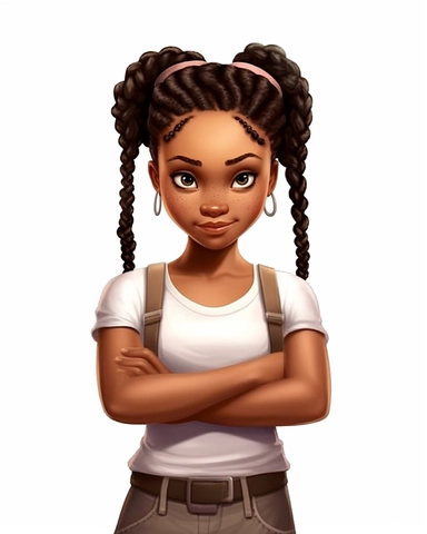 Cartoon Clipart braided hair girl holding a blank blank background, Norman Rockwell african american girl hold paper poster in city, in the style of hyper-realistic portraits, soft edges, advertising-inspired, dark white, realistic, natural fibers, captivating gaze