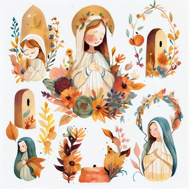 in the style of Kailey Whitma, xuan loc xuan, lucy grossmith, atey ghailan, Jon Klassen, greg tocchini, watercolor hand painted collection autumn patterns of THE VIRGIN MARY AND BABY JESUS on white paper, vector, clipart, elaborate, cute, limpid, well com