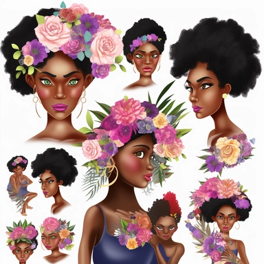 animated clipart bundle african american mother concepts, clipart bundle with beautiful flowers, beautiful faces, beautiful eyes and differential body types and skin tones, harlem Renaissance, Mother's Day White background