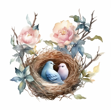 handprinted Watercolor tree and Bird Nests Clipart, flowers, and leaves, 3 eggs on the nest, and the bird sitting beside the nest. mother bird sitting beside of nest.