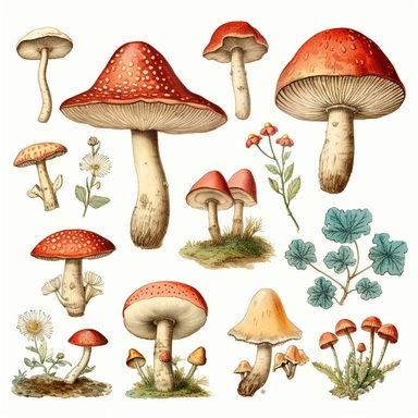 Clipart, vintage, watercolor, Charles Darwin, fungi, chromista, plantae, morfologia floral, hand drawn, texture