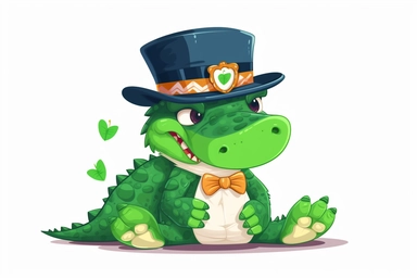 Cute American alligator in st partick's Day clipart, cartoon, white background,