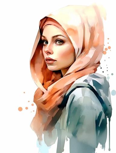 modern woman with hijab, looking away, watercolor, white background, clipart
