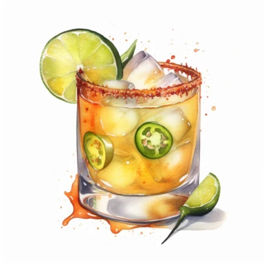 hand drawn spicy margarita, very detailed and realistic, watercolor, white background with margins, clipart style — uplight