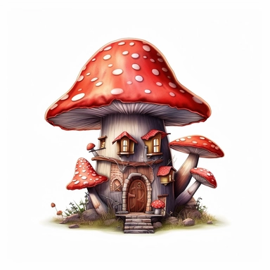 clipart, shades of red and brown fairy mushroom house isolated on a white background, intricate details, vector, pastel colors, realistic, 3D, no shadows