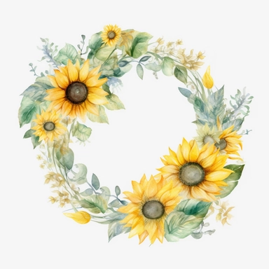 watercolor sunflower wreath on white background, in the style of muted and subtle tones, intricate floral arrangements, uhd image, subtle realism, asymmetrical framing, fawncore, wedding clipart, floral accents, no background