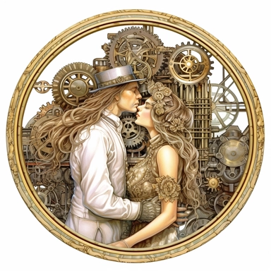 In the enchanting presence of a steampunk steam train, a couple's first kiss takes place, framed by the intricate gearwork and brass accents that adorn the classic locomotive, their love intertwined with the spirit of adventure. Ultra high quality, intricate detail, retro - futurism, pastel clipart, white background