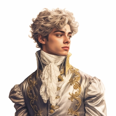 beautiful stunning handsome boy in vintage baroque fashion , paint art style, clipart, white background, superrealistic, one of a kind