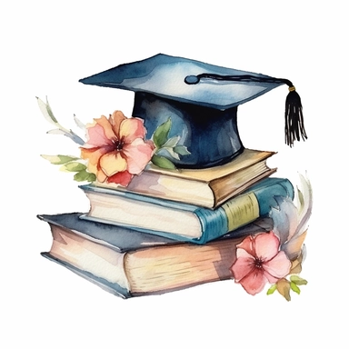 graduation cap on top of stack of books with flowers , watercolor clipart--v 5