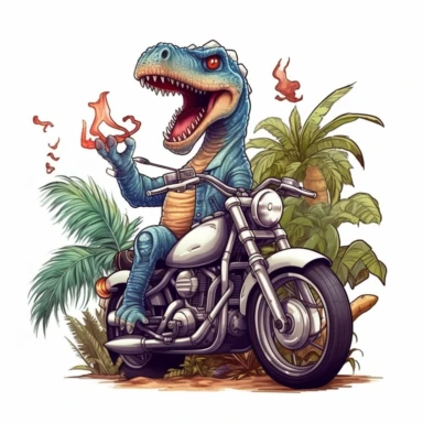 Create a clipart of a cute brachiosaurus in a leather jacket riding a vintage motorcycle. Strong and aggressive colors. Jungle trees before a White Background, soft lighting.