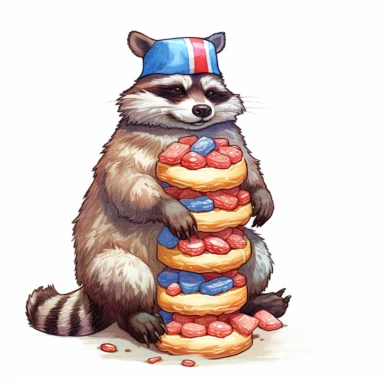 clipart trash panda eating a stack of cute american themed red,white,blue frosted doughnuts , in the style of hyper-realistic animal illustrations, white and red, prairiecore, colorful arrangements, historical illustrations, energy-filled illustrations,white background v 5.1