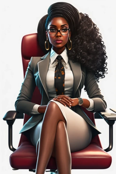 beautiful african american woman, lady boss sitting in a high back office executive chair, girl fashion clipart, white background, 4k, trending on artstation, zbrush, cinematic, soft bright lighting