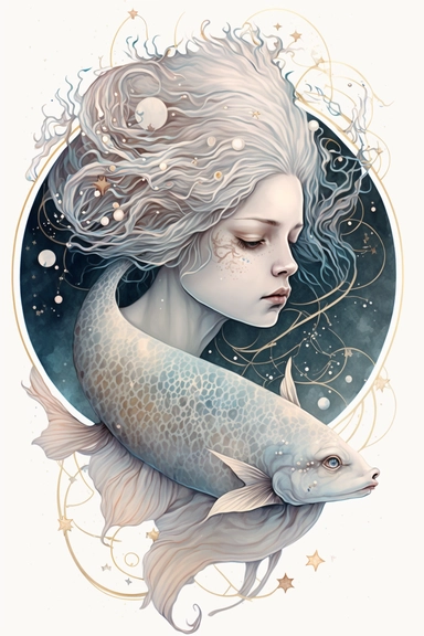 A delicate and enchanting portrayal of a woman, with a gentle and kind expression on her face, soft pastel colors, two large fish decorated with stars and planets, white background, clipart