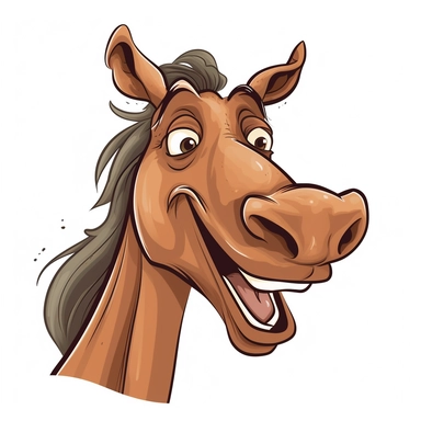 A funny horse clipart in comic style on white background. The horse has a big head in relation to the body, caricature