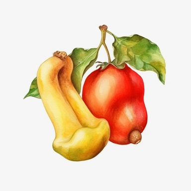 An endearing watercolor Cashew Apple clipart of Cashew Apple playing with elements 300DPI