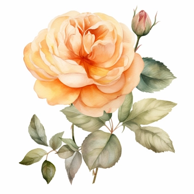 minimalist elegant watercolor of an English Garden Rose in apricot color, clipart, hd, on white background