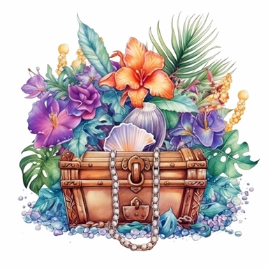 clipart, isolated on white background, Watercolor spring ornated treasure chest with jewelry on the beach, detailed, flowers and plants, ornated, pastel colors