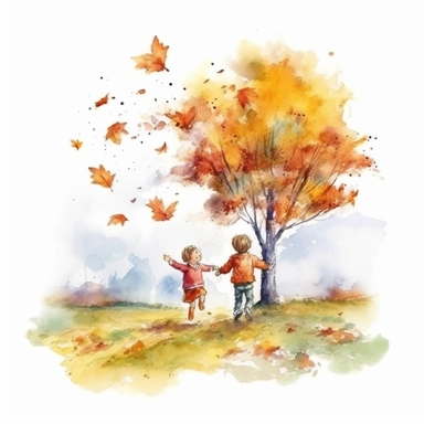 watercolor style, realistic autumn scenery, kids throwing leaves under the autumn tree, kids close up, clipart, isolated on white background, 4K